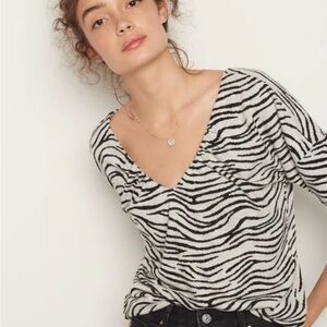 Maeve Black and White Zebra Double V-Neck Sweater black and white